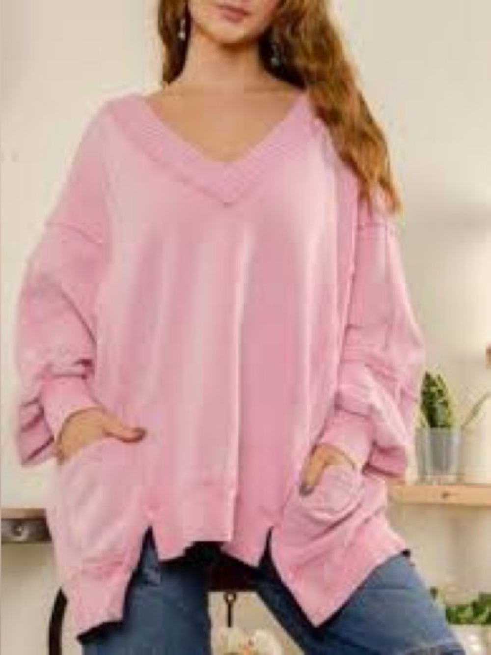 Blue Velvet Cozy Oversized V-Neck Sweater in Pink
